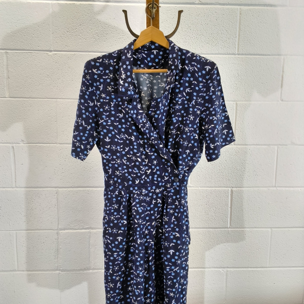 Vintage 1990s Navy Blue Floral Short Sleeve Romper - Picture 2 of 10